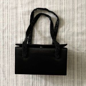 Vintage Black Satin "Cube-Like" Evening Bag Beaded Handle w/ Crossbody Strap
